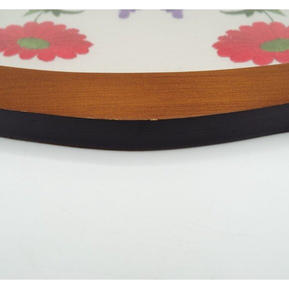 Vintage Oval Glass and Wood Embroidered Floral Serving Vanity Tray Brass Handles - Picture 7 of 8